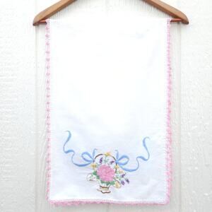 Vtg Table Runner Pink Floral Basket Cotton Embroidery MCM Valentine Shabby 13x41